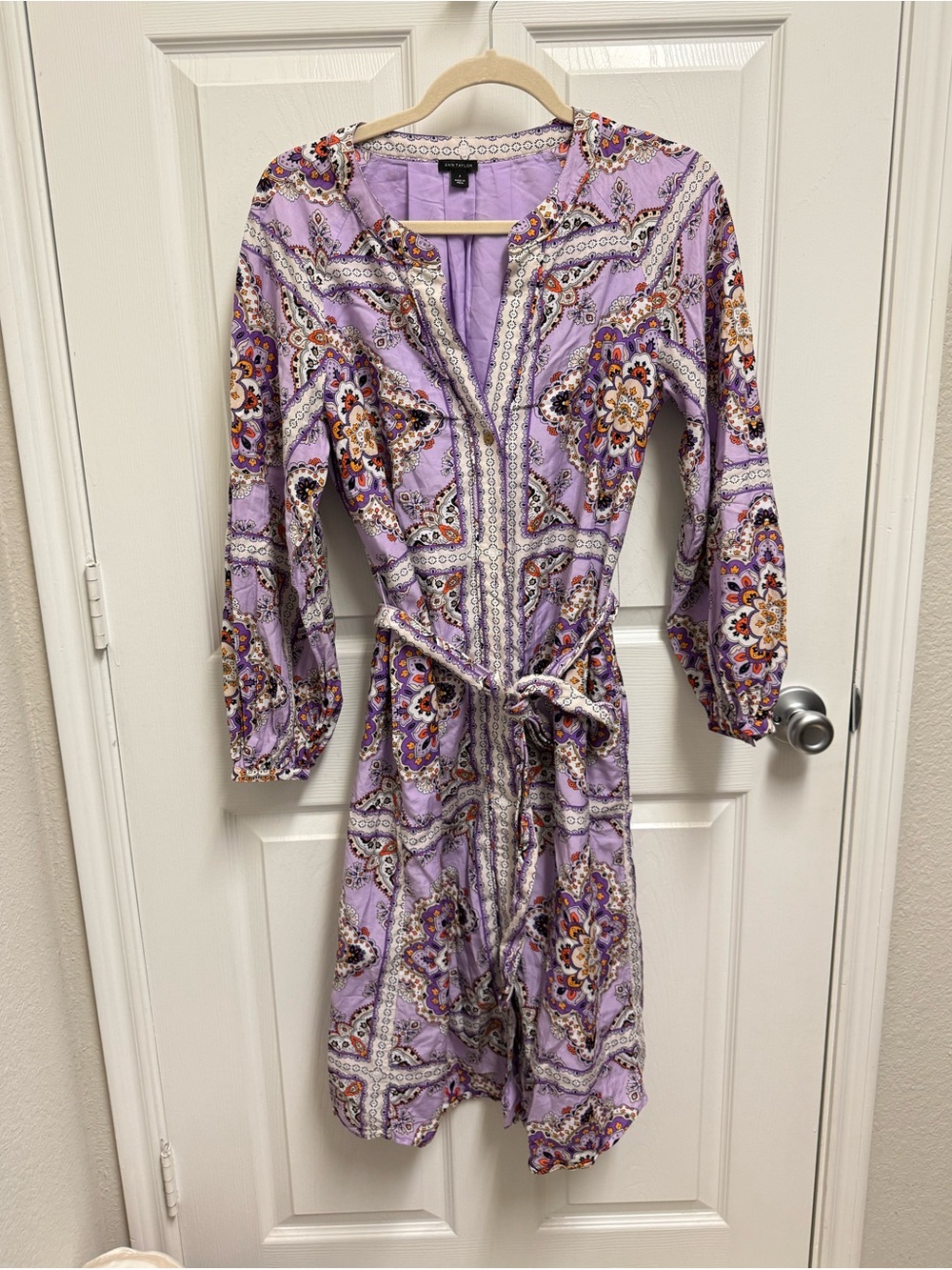 Ann Taylor Purple Pattern Midi Button Front Dress